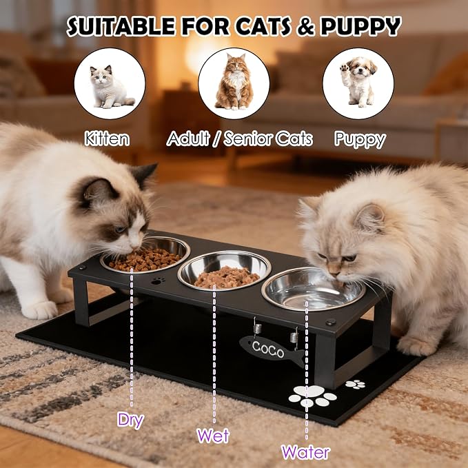 3 in 1 Elevated Cat Bowls with Splash proof Mat for Kittens, Puppies, Multi-pet Households, 10° Tilted Raised Cat Bowls Anti-Vomiting, 3 Wide Shallow Stainless Steel Bowls, Whisker Friendly, 3.5" Tall