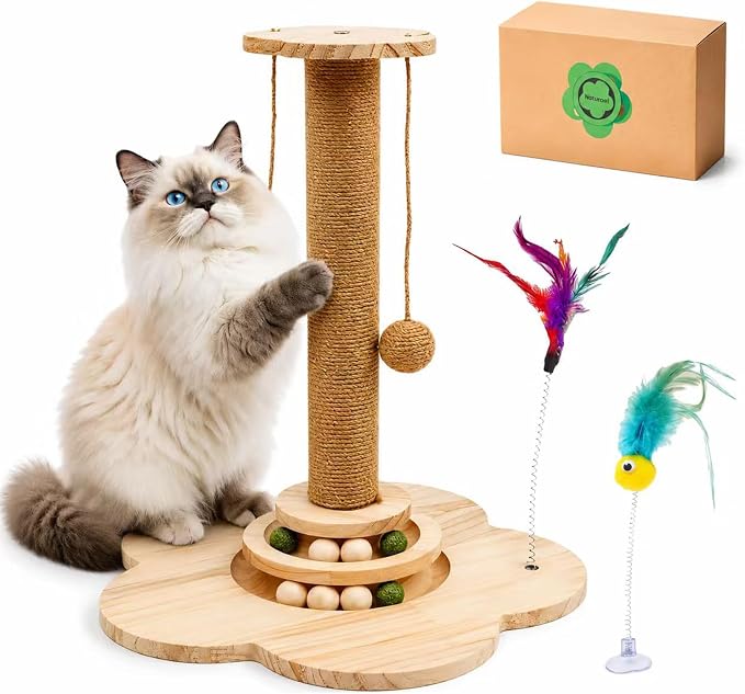 4-in-1 Wider Cat Scratching Post for Large Cats, Cat Tower for Indoor Cats | Wooden Cat Scratcher Toy w/ 2-Level Track, 8 Balls, 2 Sisal Balls & 2 Wand Toys; Stable Indoor Activity Center for All Ages
