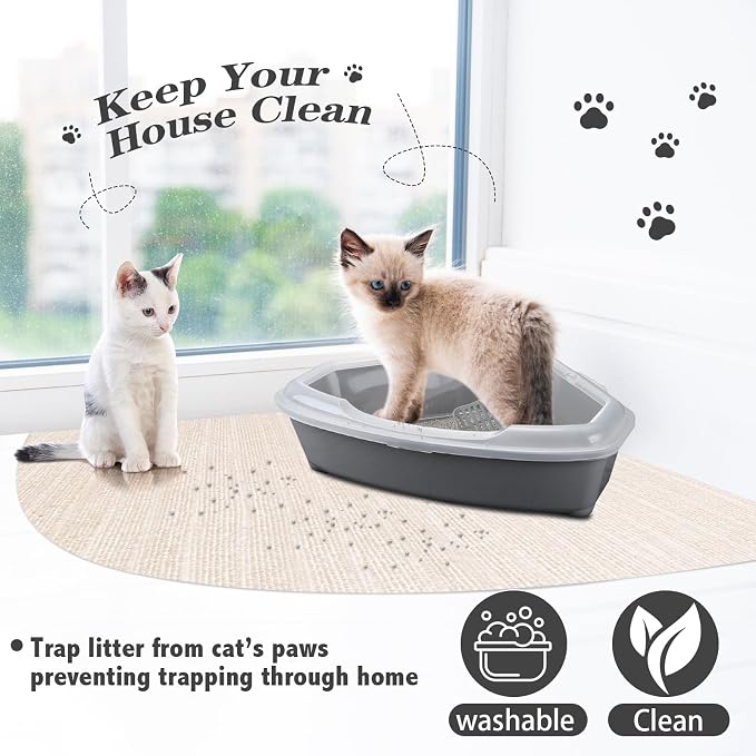 Tinideya 2 Pcs Corner Cat Litter Mat 29 Inch for Corner Machine Washable Litter Mat Ridged Design Fan Shaped Absorbent Cat Litter Rug for Box Less Waste Space(Beige White)