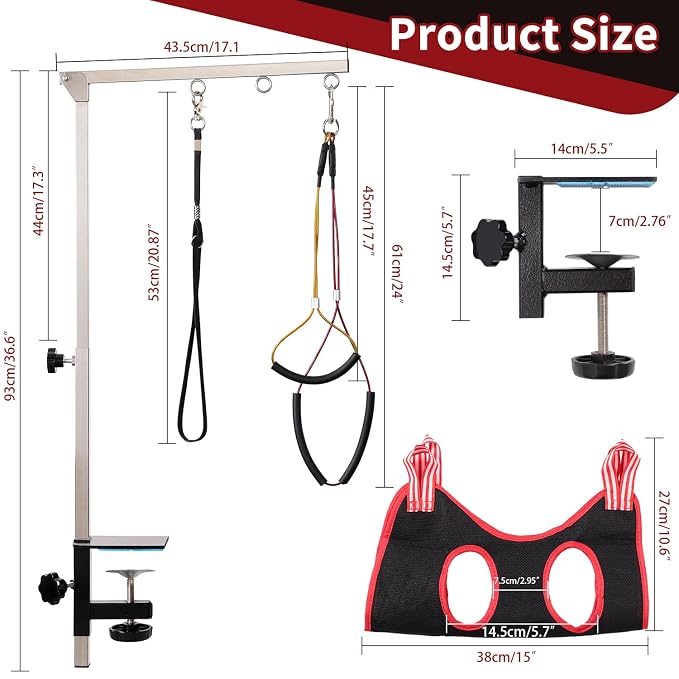 Dog Grooming Table Arm with Hammock - Adjustable Height, Pet Grooming Hammock, No Sit Haunch Holders, Loop Noose Heavy-Duty Clamp (Stainless Steel)