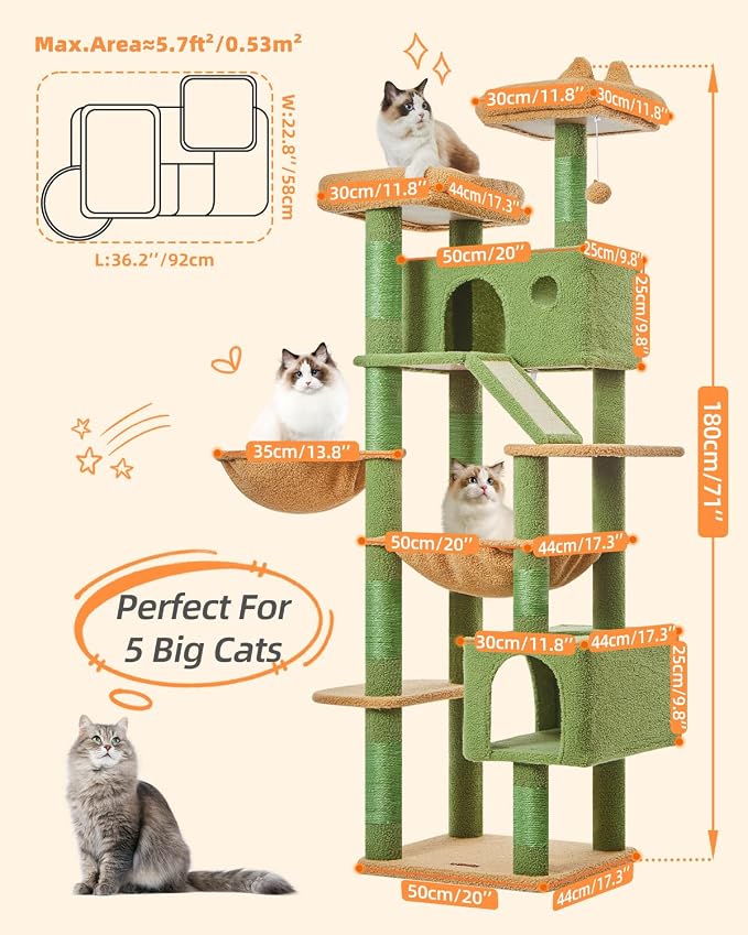 Taoqimiao Cactus Cat Tree, 71 in Extra Large Cat Tower for Inddor Cats | 2 Large Cat Condos, 2 Cute Perches, Metal Frame Cozy Hammock, Durable Scratch Board, 8 Natural Sisal Posts, Basket, MSC026L