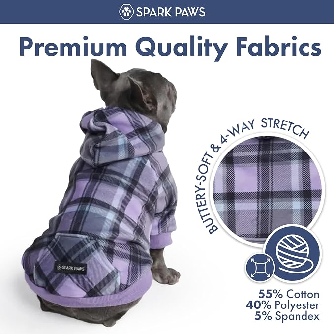 Spark Paws Dog Hoodie – Premium Dog Sweater for Small, Medium, and Large Dogs | Warm Outfits for French Bulldogs, Pitbull, Puppy, Winter Jacket Alternative - Purple Plaid - 2XL