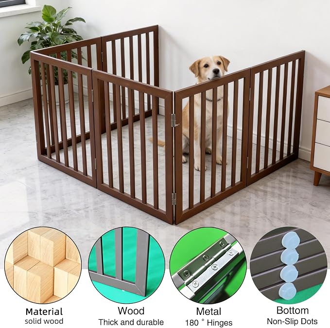 Dog Gate Indoor, Freestanding Dog Fence for The House, Doorways, Hallways,or Stairs,Pet Gate Foldable Wooden,Expandable 32" Height 6 Panels,Brown
