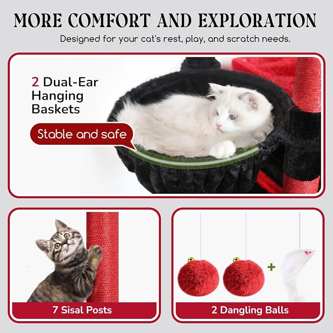 Globlazer Gothic Heavy Duty Cat Tree, 74in Sturdy Goth Cat Tower for Large Cats Adult Big Cat Tree with 7 Scratching Posts, 2 Padded Spacious Condos, 2 Hanging Baskets, Enlarged Perch, S74, Red Black