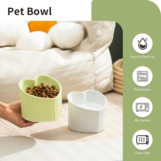 5 in Ceramic Raised Tilted Cat Food Bowls 2 Pack(White&Green) | Elevated,Love Heart Shape, Slanted Pet Feeding Dishes, Stress Free Feeder Bowl for Kitty, Small Cats, Protect Pet's Spine