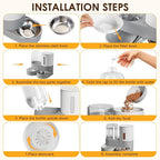 2 in 1 Automatic Gravity Cat Dog Feeder and Water Dispenser with 304 Stainless Steel Bowls, 360 Degree Rotatable Auto Food with 2 Specialized Brushes for Small Medium Pet Dog Puppy Kitten (Gray)