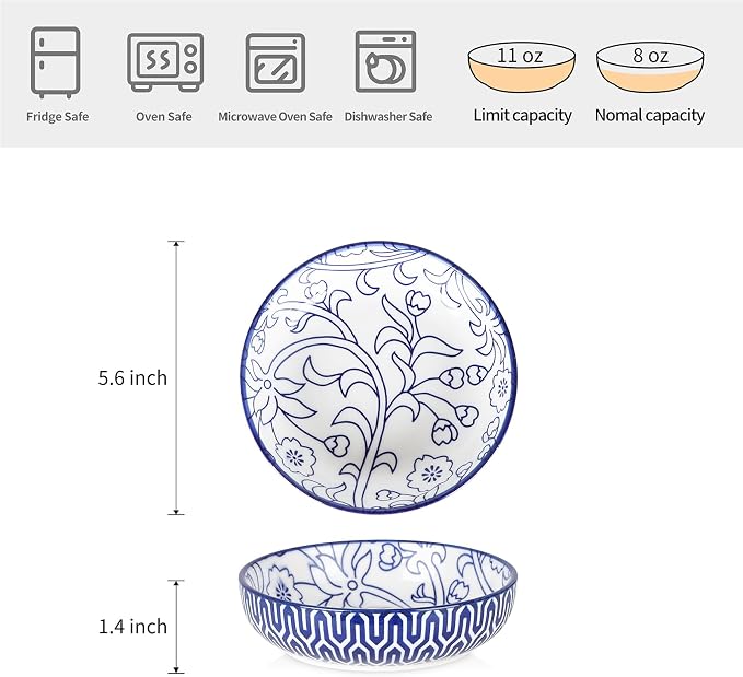 Selamica Ceramic Cat Food Bowl Set of 4, 5.6 Inch Wide Shallow Cat Bowls/Dishes for Food and Water, Vintage Blue