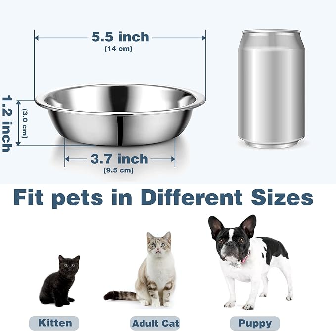12 PCS Thickened Stainless Steel Cat Bowls, 5.5 Inch Shallow Wide Flat Metal Kitten Food Bowls, Whisker Friendly Fatigue Relief Replacement Basic Pet Dishes for Indoor Cats