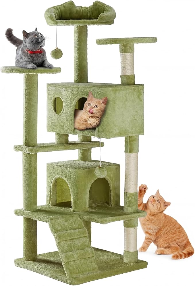 DUMOS 54-inch Indoor Cat Tree Tower with Scratching Posts, Green | Multi-Level Pet House for Large Cats with 2 Condos, Round Platform, Small Ladder, and Toys