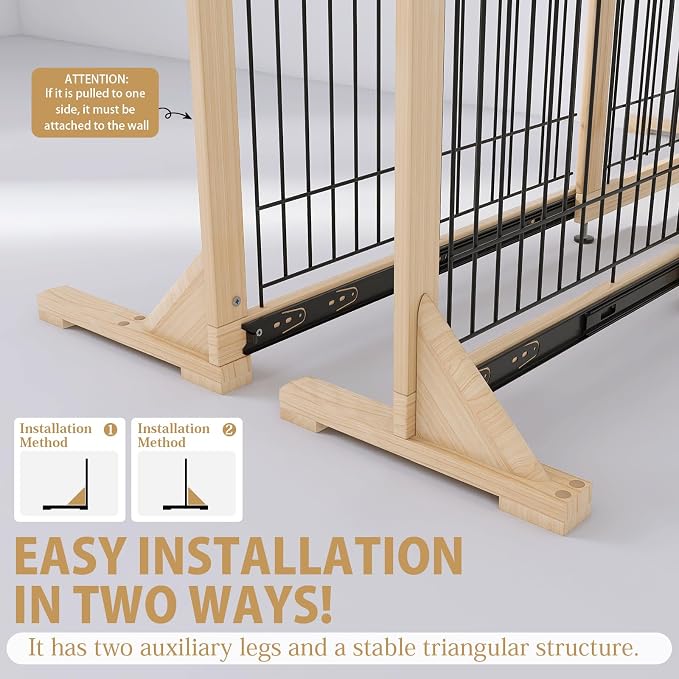 YOCAN Adjustable Freestanding Dog Gate for Doors & Stairs, 23.6" Tall, 23.6–45.3" Wide, Wood & Metal Pet Gate, No Drill Pressure Mount, Indoor Safety Barrier (Black/Natural)