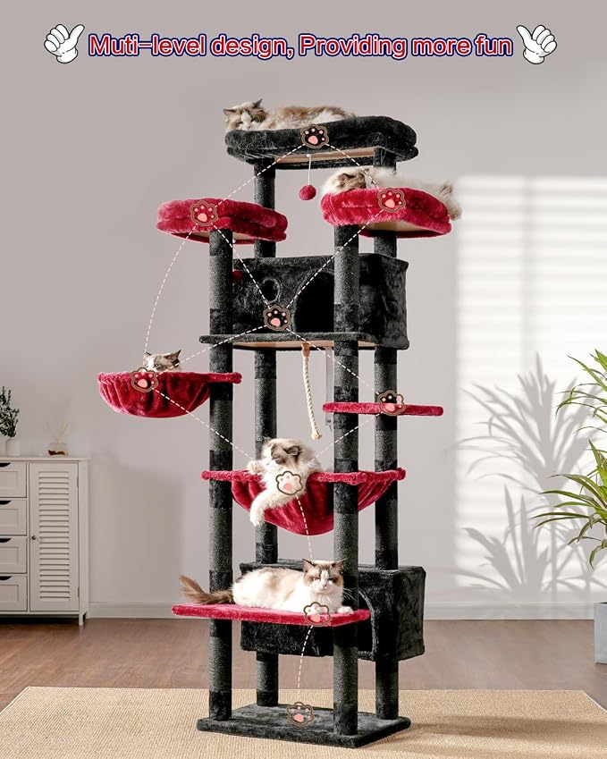 Gitelsnour Cat Tree, 74" Tower for Large Cats, Big Condo Hammock CCT030BR | Heavy duty, 3 Big Platforms, 2 Baskets, 2 Condos, Multi-Level Cat Scratching Posts, Indoor Cats Large Adult, Black and red