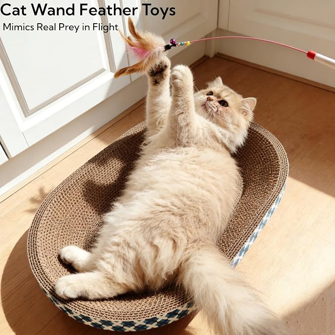 Cat Scratcher Bed with Toys, 2 Pack Oval Cat Scratcher Cardboard, Indoor Cat Scratch Bowl, Large Cat Scratching Board with Catnip Fish Toy & Feather Wand for Furniture Protector,Blue