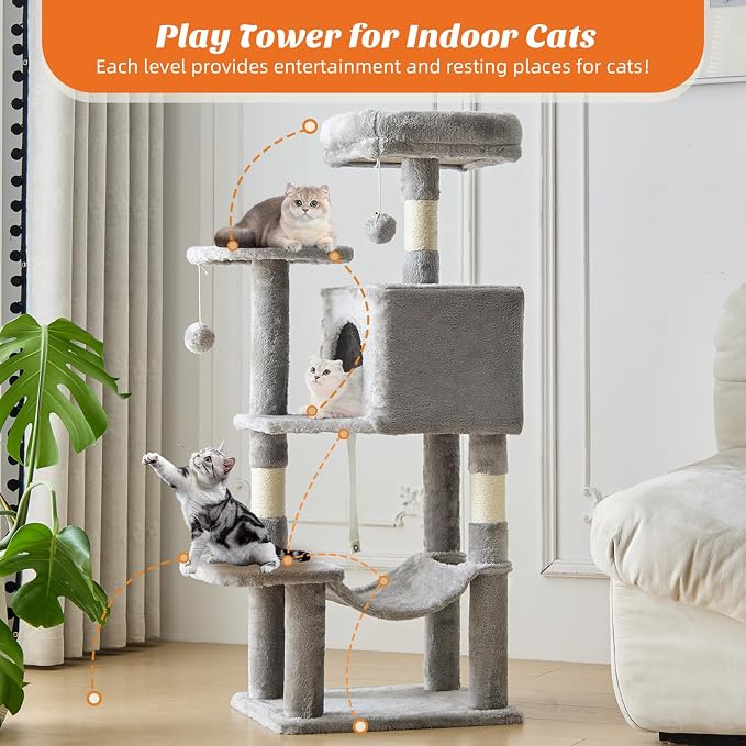 DUMOS Small 44 Inch Cat Tree Tower for Indoor, Light Grey | Cat Climbing Tower with Natural Sisal Scratching Posts, Hammock, Pet Condo for Cats and Kittens Play