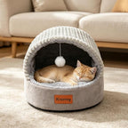 Cat Bed Cave with Pillow & Cat Toys, Cozy Cat Beds for Indoor Cats | 15.7in,Up to 10 lbs, Dual-Sided Cushion, Reversible Comfort for All Seasons, Semi-Enclosed Design, Machine Washable, Grey