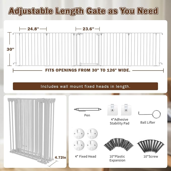 Mumeasy 126" Extra Wide Baby Gate for Doorways, Stairs & Fireplace, Indoor | Auto Close Safety Dog & Pet Gate with Walk Thru Door, Childproof Fence for Hallway Kitchen House Outdoor,5 Metal Panels,White
