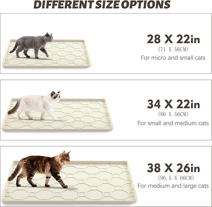 Silicone Cat Litter Mat, 34“ x 22” Waterproof Cat Litter Mats for Floors, Raised Edges Prevent Leaks and Make Cleaning Easy (Beige)