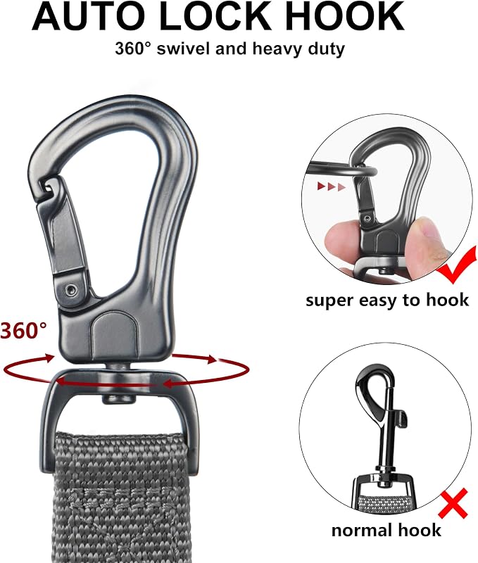 Twoear 6FT 1IN Heavy Duty Dog Leash for Large Dogs with 2 Padded Handles | Traffic Handle Extra Control, Auto Lock Hook, Strong Reflective Walking Leash for Night Safety, Medium and Large Breeds,Grey