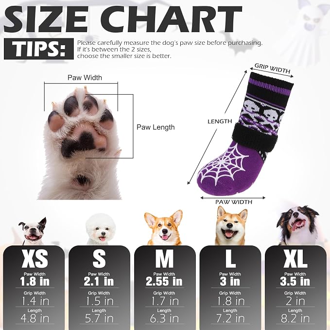 EXPAWLORER Halloween Anti Slip Dog Socks to Prevent Licking Paws, Boots & Paw Protectors with Spider Web Grippers,Doggie Booties for Hardwood Floors for Small Medium Large Senior Dogs Purple Ghost S