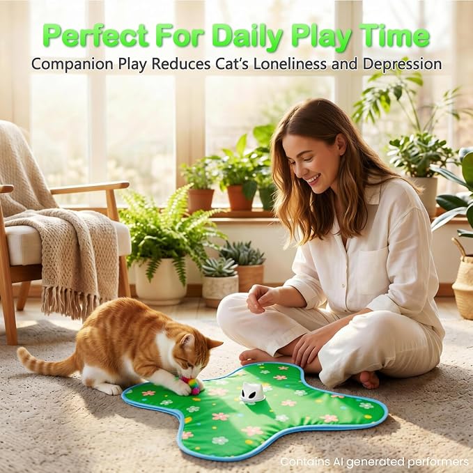 Interactive Cat Toys for Indoor Cats, Rechargeable Hide & Seek Toy | Touch Activated, 3 Speed Modes, Realistic Bird Chirps, 10-Min Auto Shutoff, Hidden Feather Wand for Bored Adult Cats, Green