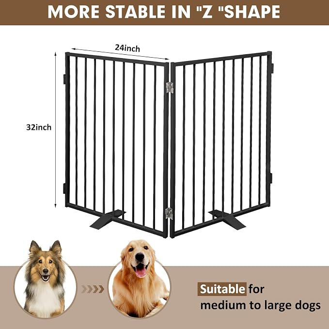 Full Metal Freestanding Dog Gates 2 Panels 32" Tall Up to 48" Wide | Heavy Duty Dog Fence for Indoor & Outdoor, Free Standing Dog Gate No Drilling Pet Barrier for Doorways, Stairs, Deck,Yard