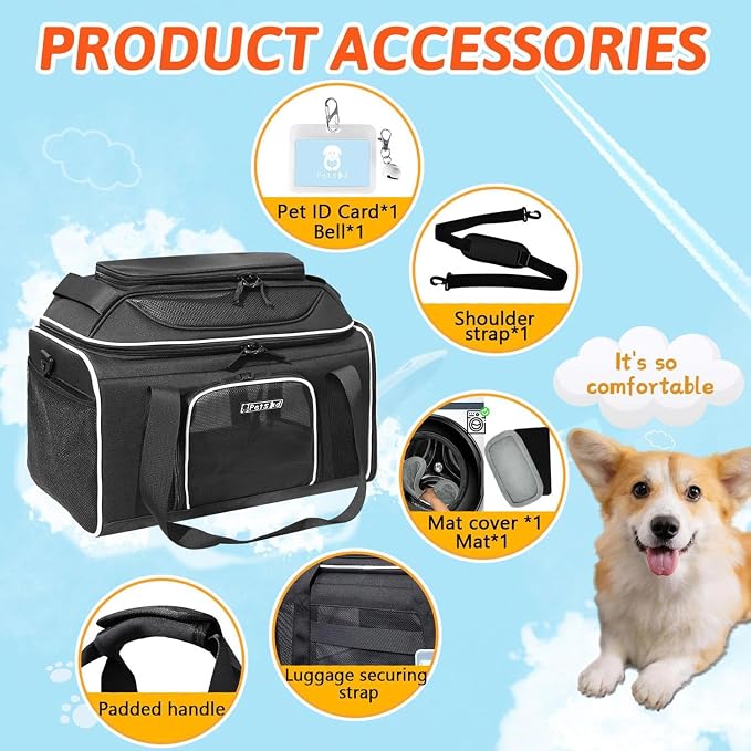 Petskd Top-Expandable Small Pet Carrier 18"x13"x9.5" Airline Approved | for Southwest Airlines, Lockable Safety Zippers and Anti-Scratch Mesh, Soft-Sided, Pets Under 10 Lbs, Black