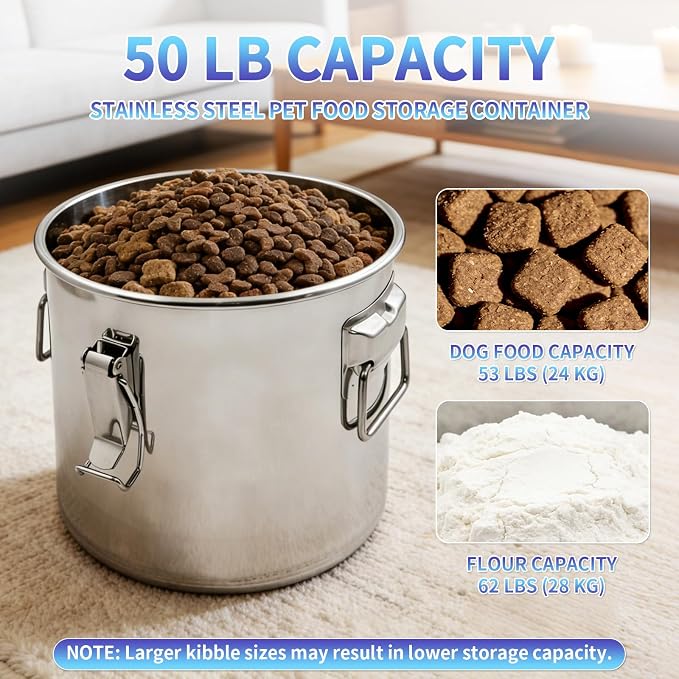 50 lb Stainless Steel Dog Food Storage Container, Airtight Metal Pet Food Storage Bin with Lid and Scoop, Large Dog Food Container for Dry Food, Keep Fresh, Easy to Clean