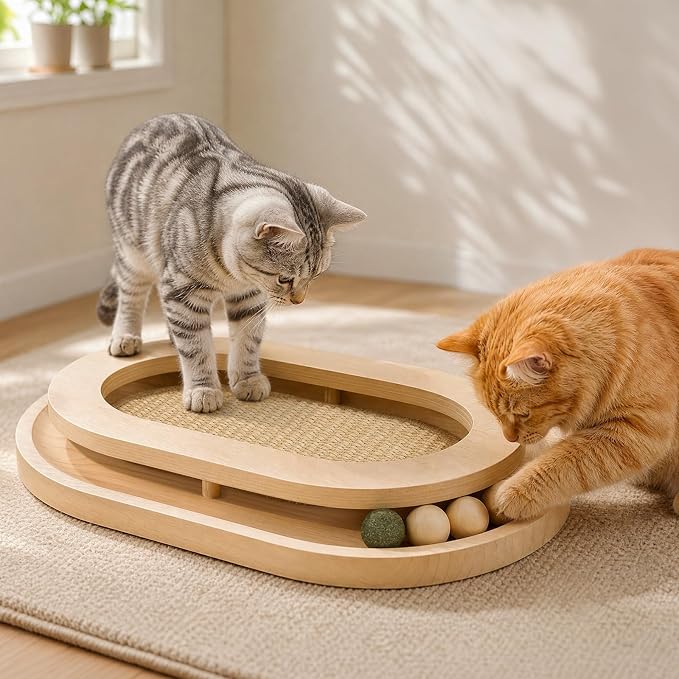 Cat Scratcher, Sisal Scratch Pad with Interactive Ball Track | No Assembly, Natural Sisal, Solid Base, Track with 3 Wooden Balls + 1 Catnip Ball, No Slip Pads, for Cat Exercise Sleep Chase