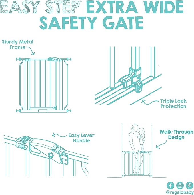 Regalo Safety 29"-49" Extra Wide Baby Gate, Bottom of Stairs & Doorways | Pressure Mounted with Door, For Babies, Toddlers & Pets, White, Tested & Trusted for 30 Years