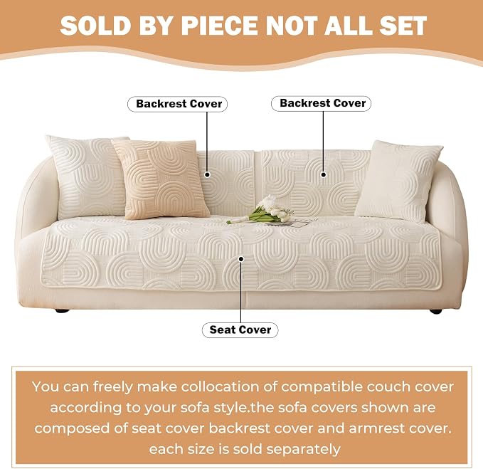 Soft Plush Geometric Quilted Couch Sofa Cover Boho Non Slip Fuzzy Sectional Couch Cover Solid Color Washable Sofa Slipcover Furniture Protector for Kids Dogs Cats (Ivory,36"x28")