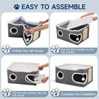 Shikha Extra Large Cat House Bed for Multi Cats with Scratch Pad Grey | 24 x 17.7 x 12.6 IN Widen Cat Cave Cube for Multi Pets, Foldable, Arc-Edge Design, Oval Door, All Seasons Reversible Cushion