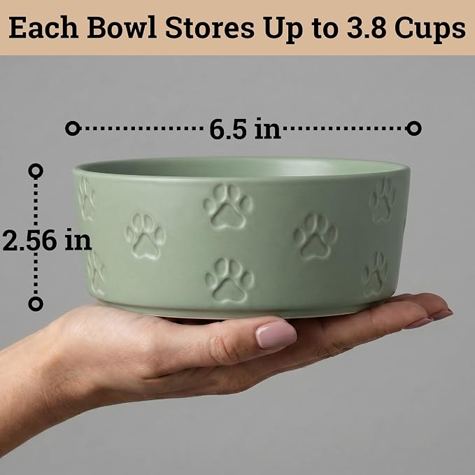 Ceramic Dog Bowl Set of 2 w/ Anti-Skid Base 6.5"W x 2.5"H, 3.8 Cup Capacity | Thick Ceramic, Dishwasher Safe, Anti-Skid Rubber Base, 3.8 Cups per Bowl, Ceramic Food & Water Bowls Set of 2 for Medium Dogs
