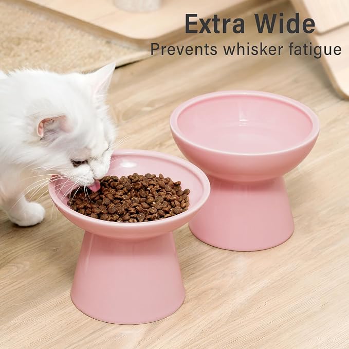 CEEFU 2-Pack Elevated Ceramic Cat Bowls Extra Wide for Food & Water | Anti Vomiting, Whisker Friendly, Shallow Food Dish and Deep Water Bowl, Lead & Cadmium Free, Raised Height for Cats, Pink