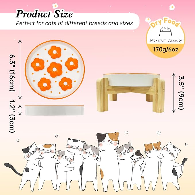 Elevated Ceramic Slow Feeder Cat Bowl with Anti-Slip Bamboo Stand | 6.3" Wide Whisker Friendly, Slow Eating 3x, Dry & Wet Food, Cute Flower-Shaped Maze, Microwave & Dishwasher Safe, Orange