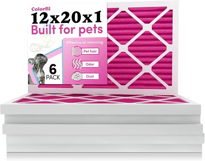 12x20x1 Air Filter by Colorfil | Color Changing Filters for Cat and Dog Odor | MERV 8 Furnace AC Filter for Pet Hair and Dust | 11.5"x19.5"x0.75" Exact Size | Pack of 6