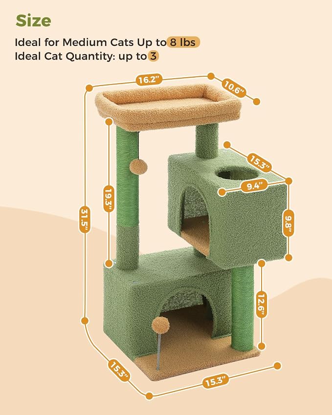 Small Cat Tree for Kittens, 32 in Cat Tower with 2 Cozy Condos | Multi-Level Cat Tree with Scratching Posts, Soft Padded Perch, 2 Dangling Toys
