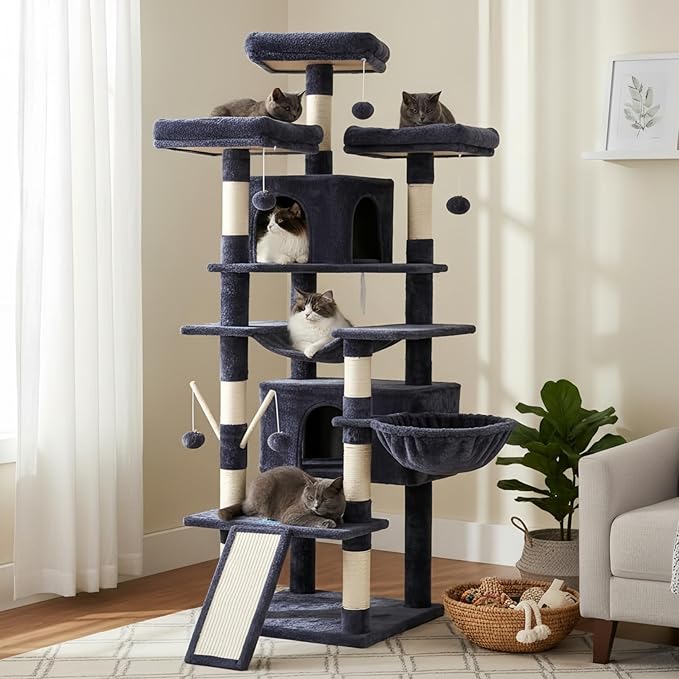 Hey-brother Cat Tree Tower with Stable Multi-Level Padded Perches, MPJ034G | 71 Inches Large Cat House with 3 Platforms, Basket, 2 Cozy Condos, Scratching Posts, Toys Ball for Indoor Cats, Smoky Gray
