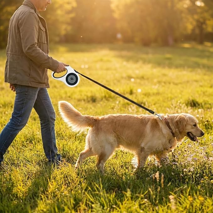 16 ft Retractable Dog Leash for Extra Large Dogs up to 130 lbs,Tangle-Free Nylon Tape,White Dan24 XL