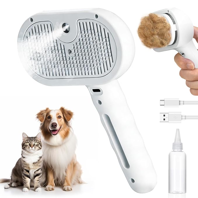 3-in-1 Self-Cleaning Shedding Steam Brush for Dogs & Cats | USB Rechargeable, One-Touch Fur Remover, Anti-Static & Reduces Shedding, Mist Spray Comb for Long & Short-Haired Pets