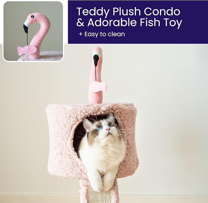 Catry 2-Level Small Cat Tree with Condo, Sisal Scratching Ramp & Post | Cute Pink Flamingo-themed Cat Tree with a Cozy Condo, Replaceable Sisal Scratching Posts, Sisal Ramp, and a Built-in Toy