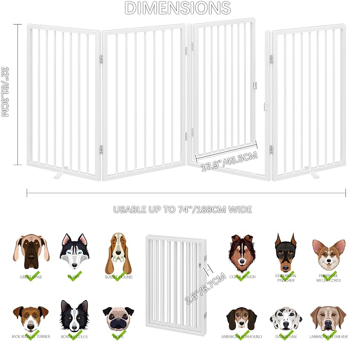 Vantas 80" x 32" Foldable Freestanding Extra Wide Dog Gate with Door,White | Freestanding Dog Gate for Stairs and Doorways, Renter Friendly No Drill, Extra Wide, Easy Storage, With Support Feet