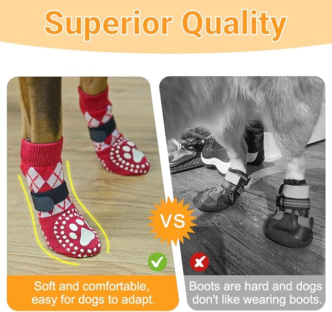 4Pcs Anti Slip Dog Socks to Prevent Licking Paws, Dog Shoes for Hardwood Floors with Grip, Double Sides Dog Boots & Paw Protectors Booties for Small Medium Large Senior Dogs(Brown XL)