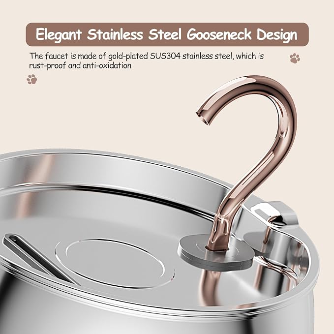 2.5L/84oz Gooseneck Cat Water Fountain Stainless Steel Quiet | Kitty Spout Cat Fountain for Drinking, Pet Water Fountain for Cats Inside, Automatic Cats Water Dispenser, for Pets