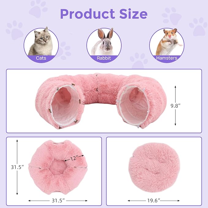 Plush Cat Tunnel Bed for Indoor Cats with Soft Cushion, Multi-Shape Play Cave with Hanging Balls, Large and Foldable Cat Donut Tunnel for Small and Large Pets (Pink)