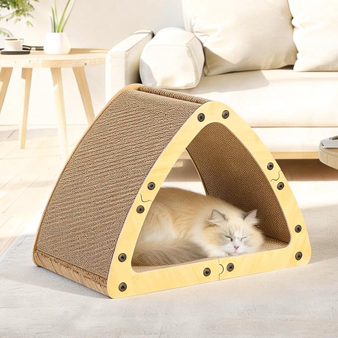 TIMIEEYA Cardboard Cat House - Triangle Cardboard Cat Scratcher Cozy Cats Lounger as Tunnel and Sofa, Cat Scratcher for Indoor Cats, Safe & Secure