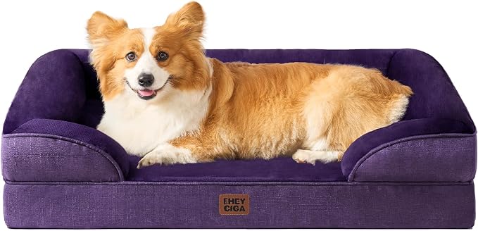 EHEYCIGA Orthopedic Dog Beds Large Sized Dog, Waterproof Washable Pet Bed | Non-Slip Bottom and Egg-Crate Memory Foam XL Dog Couch Bed with Washable Removable Cover, Purple
