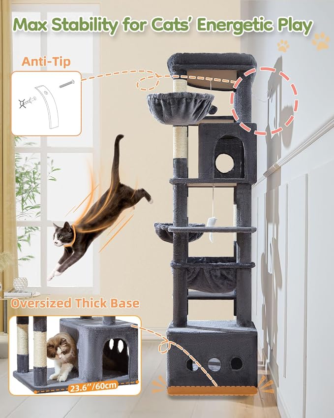 Taoqimiao 72 in Cat Tree, XXL Cat Tower for Indoor Cats Large Adult 25Lbs+ | Extra-Large Platform, 2 Cat Houses, 7 Scratching Post, Extra-Sized Durable Hammock, Cozy Basket, Smoky Gray, F20G