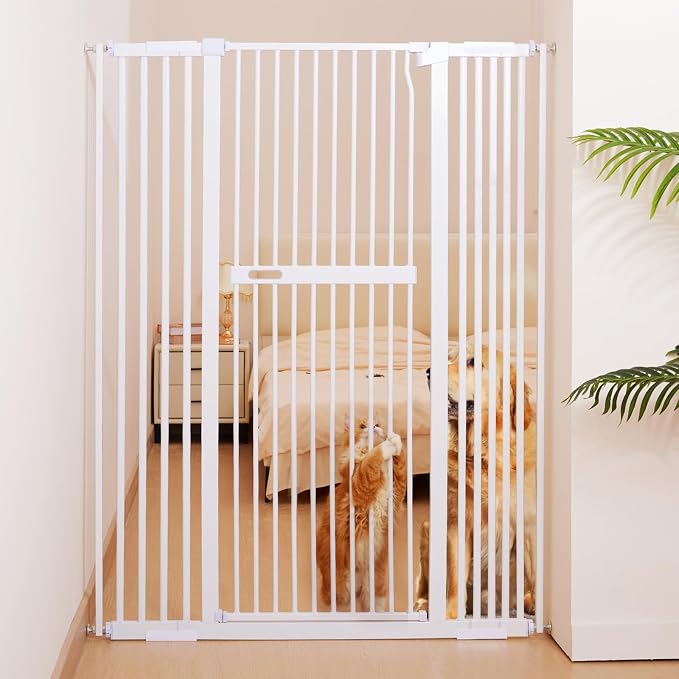 No Pawblems 55.1" Extra Tall Pet Gate, 29.9"-44.4" Wide Cat/Dog Gate, White | No Drilling Pressure Mounted, 1.37" Narrow Bar Spacing, Auto Close Tall Cat Gate for Doorway Hallway, One-Hand Operation