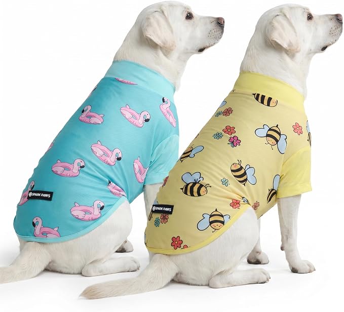 Spark Paws Sunblock Dog T-Shirt, SPF30 Protection, Lightweight Breathable Quick Dry for Dogs with Sensitive Skin - Bees & Flamingo (Set of 2) - Size 3XL