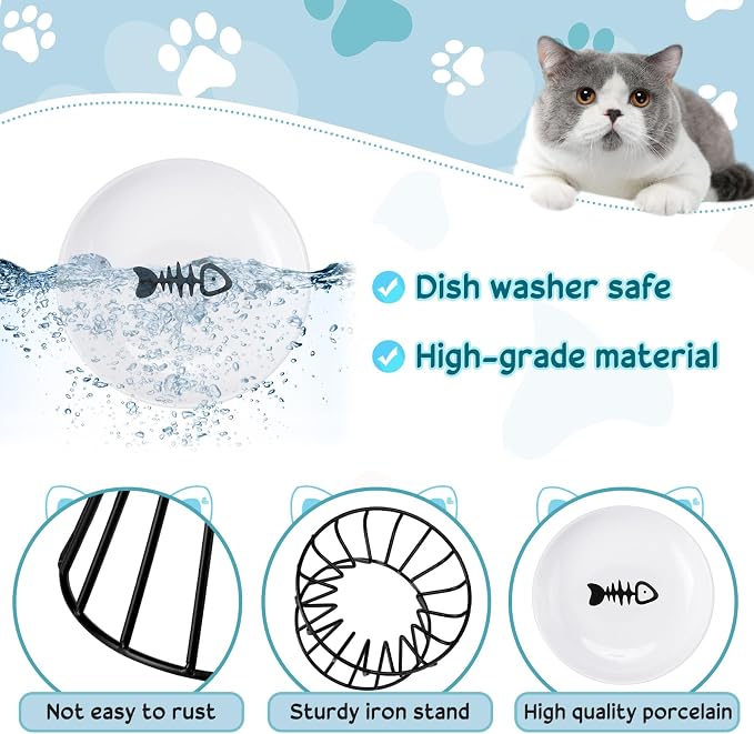 Roshtia 4 Sets Elevated Cat Bowls Ceramic Raised Cat Food Bowls with Metal Stand Dishwasher Safe Dishes Non Slip Elevated Food Plate(Black,Fishbone)