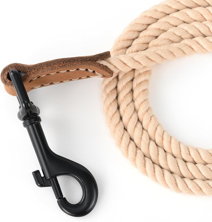 Mile High Life Dog Leash Braided Cotton Rope with Leather-Reinforced Ends | Rust-proof 360° swivel clasp, Heavy-duty for small/medium dogs. Great for weddings, daily walks (6 FT, 1/3", Light Brown)